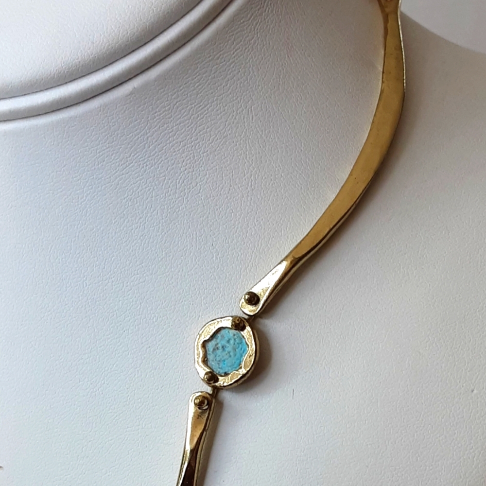 ANNE DICK Modernist|Brutalis Hammered Bronze Tiffany Blue Inlay Pendant Necklace - Picture 6 of 10